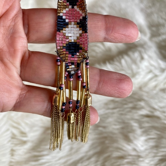 Pink, blue, and white bead with  gold chains dangling earrings - Picture 2 of 3